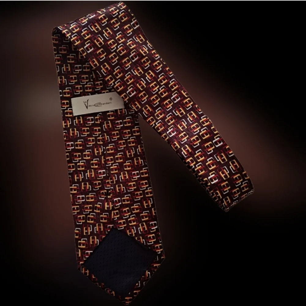 LeVieux Commandant Silk Brown Gold White Red Interlock Squares Tie